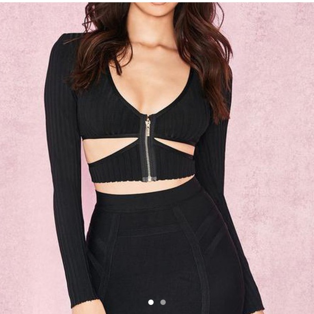 Black zip up long-sleeve house of cb crop top